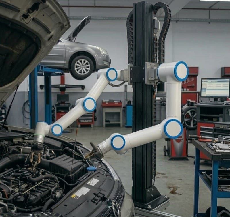 Robotic arms working on a car engine inside a repair shop