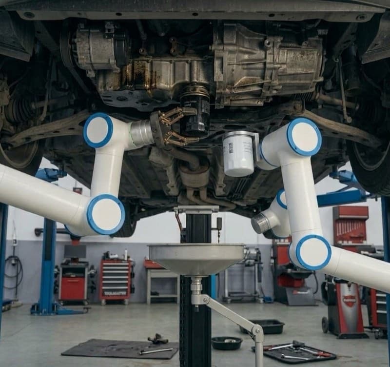 Robotic arms replacing an oil filter underneath a lifted car
